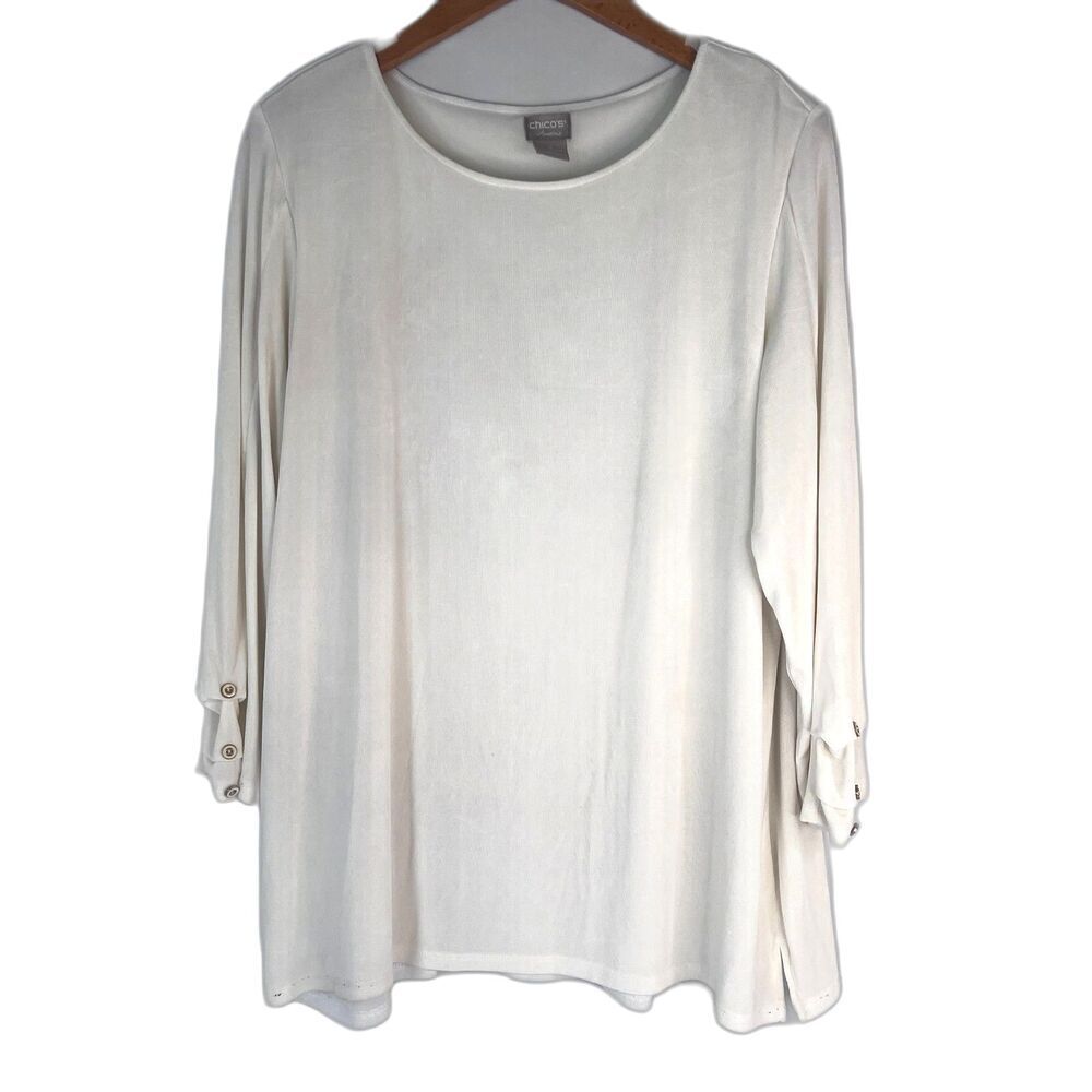 Chico's Travelers Off White Scoop Neck Long Sleeve Button Cuff Blouse Size 3/LG